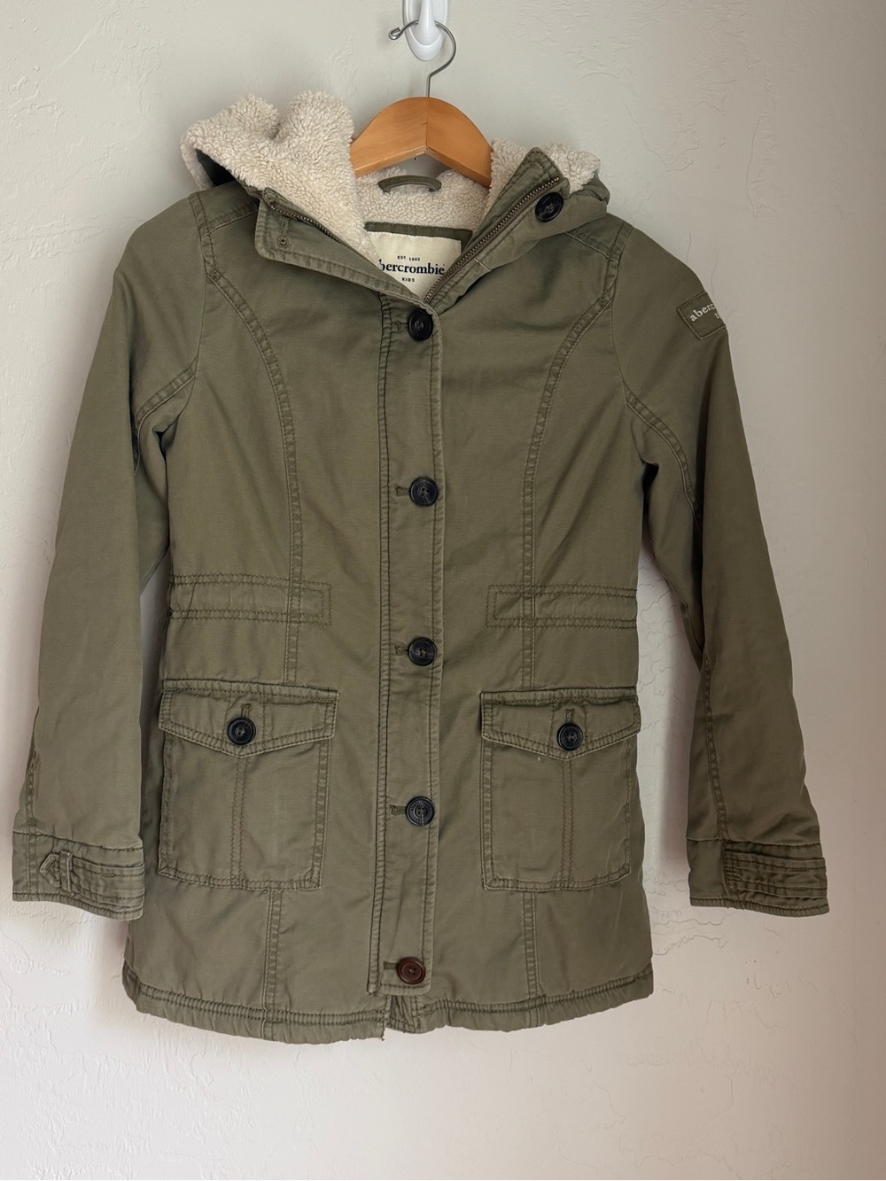 Abercrombie & Fitch Youth's Olive Green Sherpa-Lined Hooded Parker Coat Size L